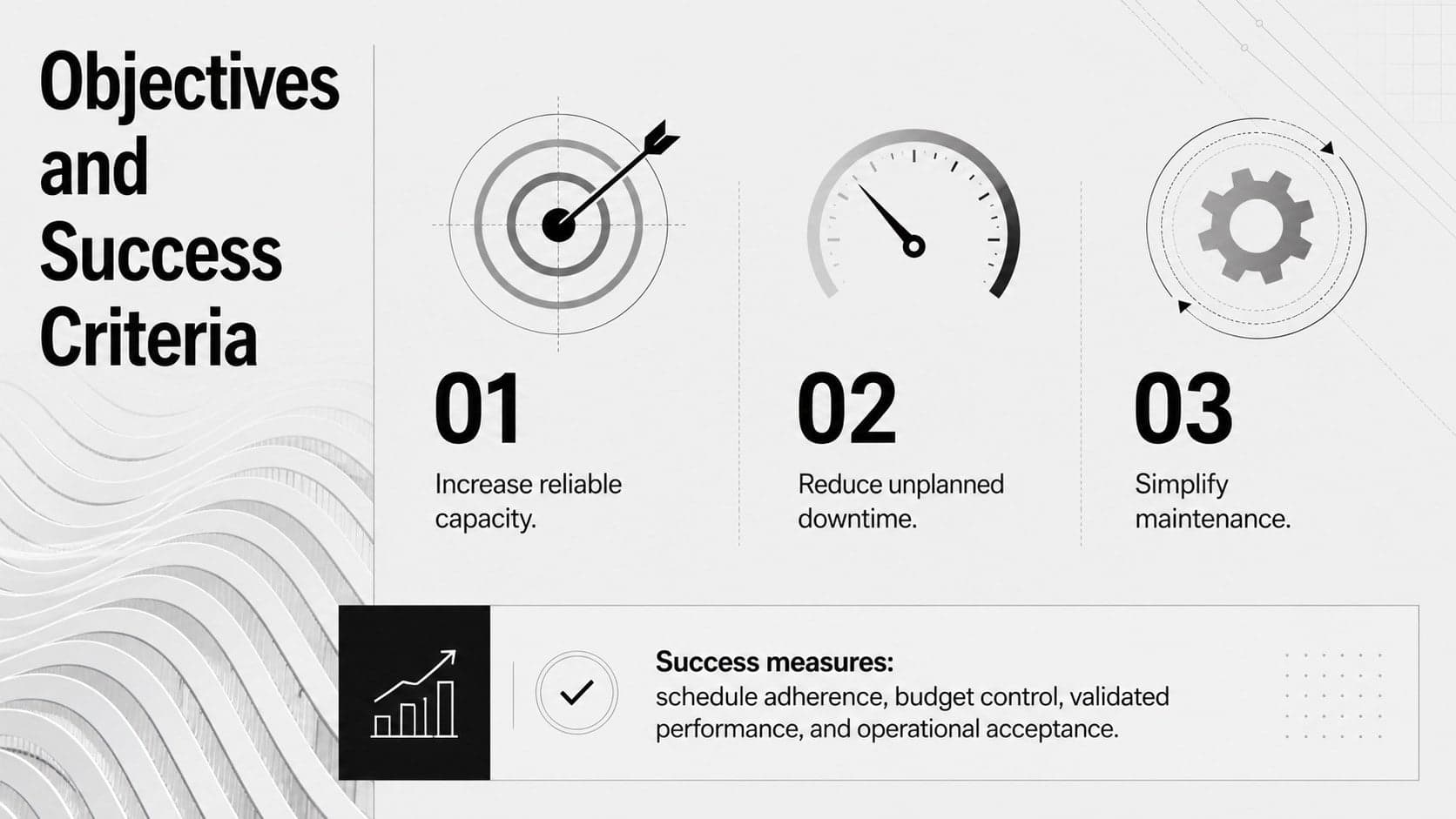 Technical project approval presentation slide listing engineering objectives and measurable success criteria.
