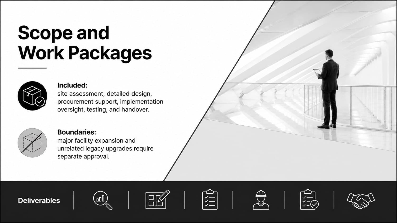 Engineering scope slide separating included work packages from exclusions and project boundaries.