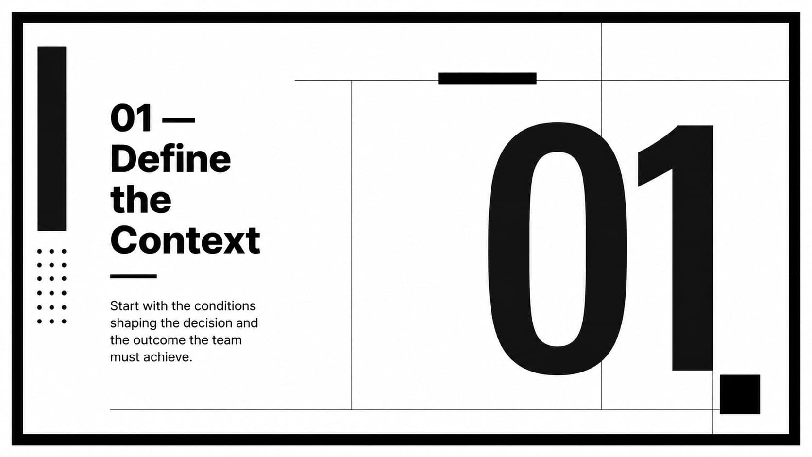 Black and white executive presentation slide introducing a concise strategic point with supporting text.
