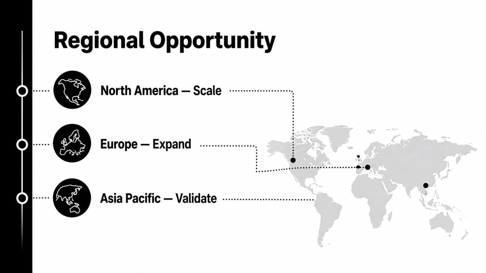 Monochrome executive briefing slide presenting a world map with three regional performance notes.