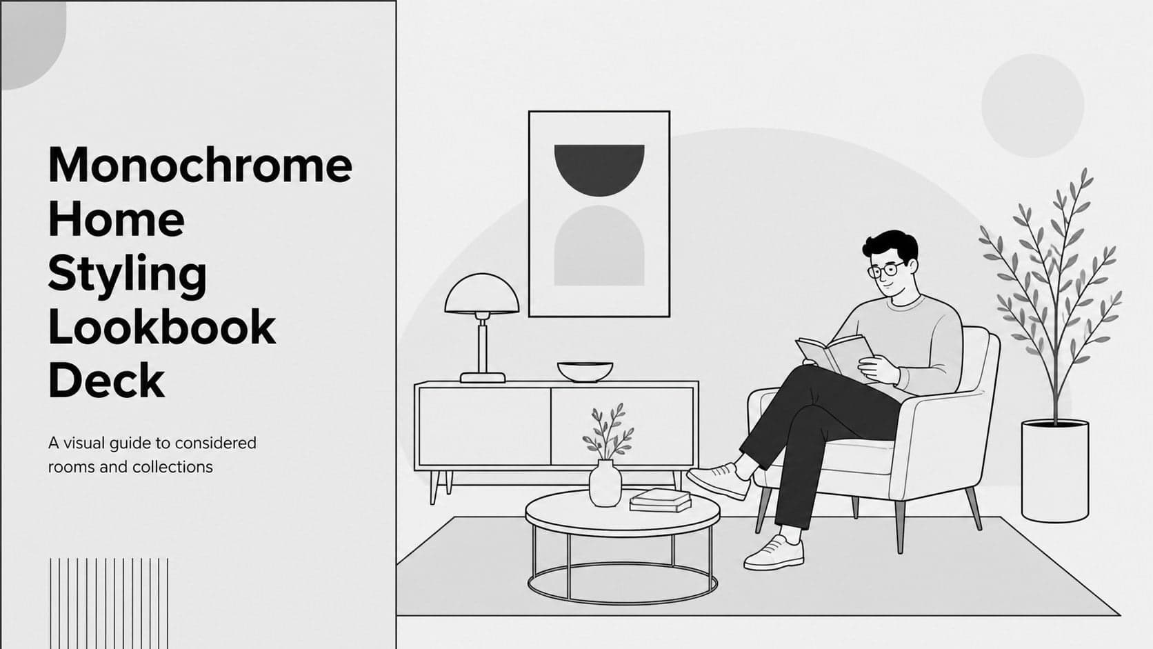 Cover slide for a monochrome home styling lookbook featuring an editorial room illustration and a bold title.