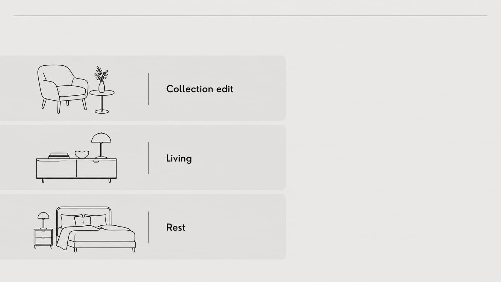 Collection overview slide showing three grayscale home decor categories in a structured lookbook layout.