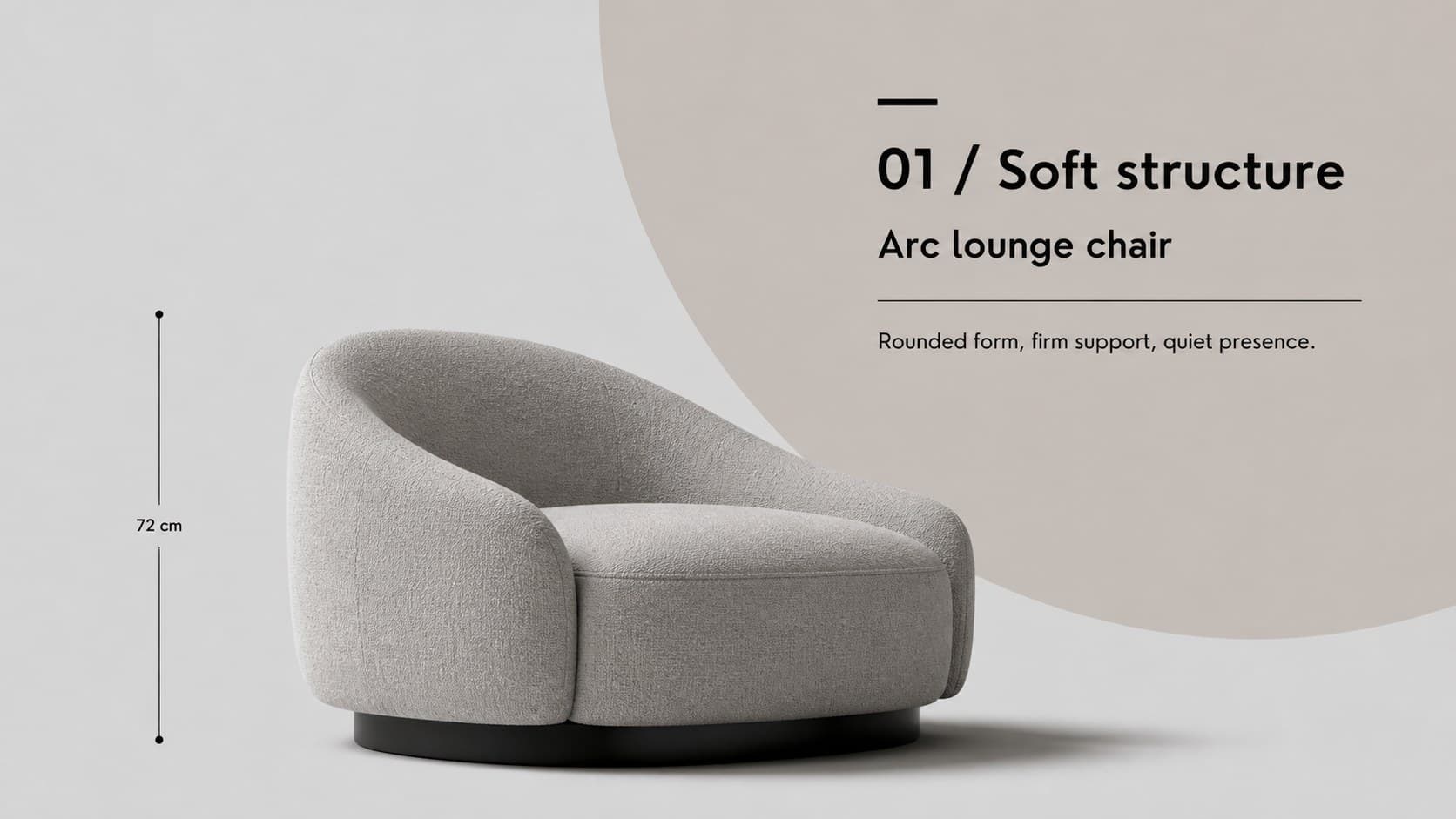 Featured furniture slide presenting a grayscale lounge chair with product details for a home decor showcase.
