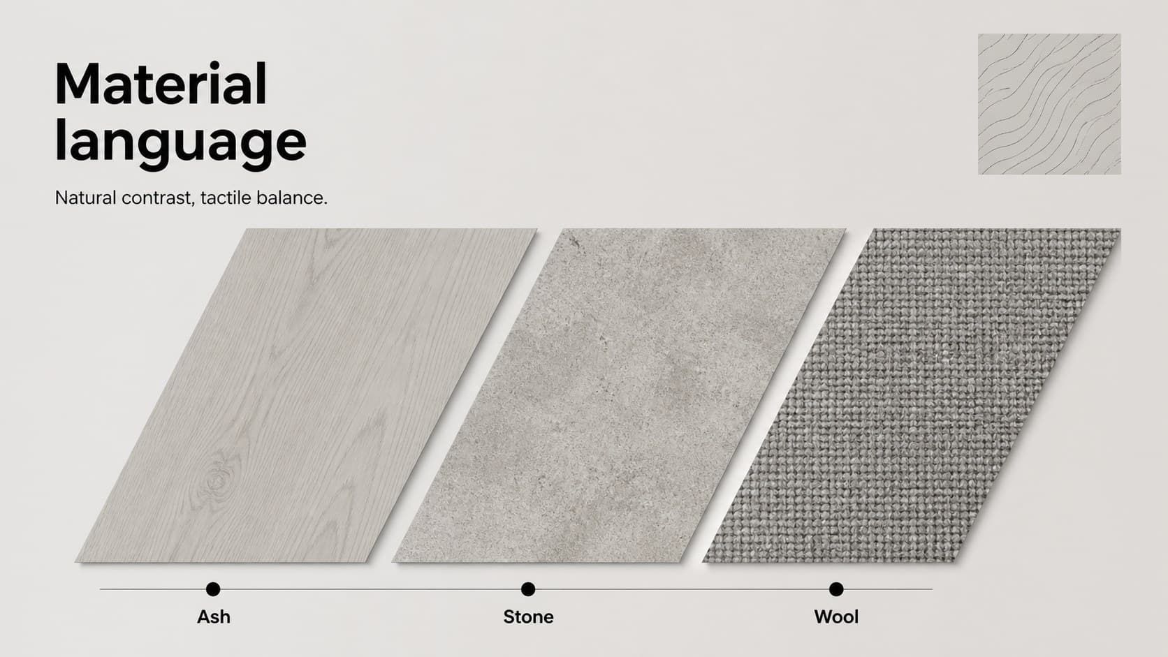 Material palette slide comparing grayscale wood, stone, and textile swatches for interior styling.