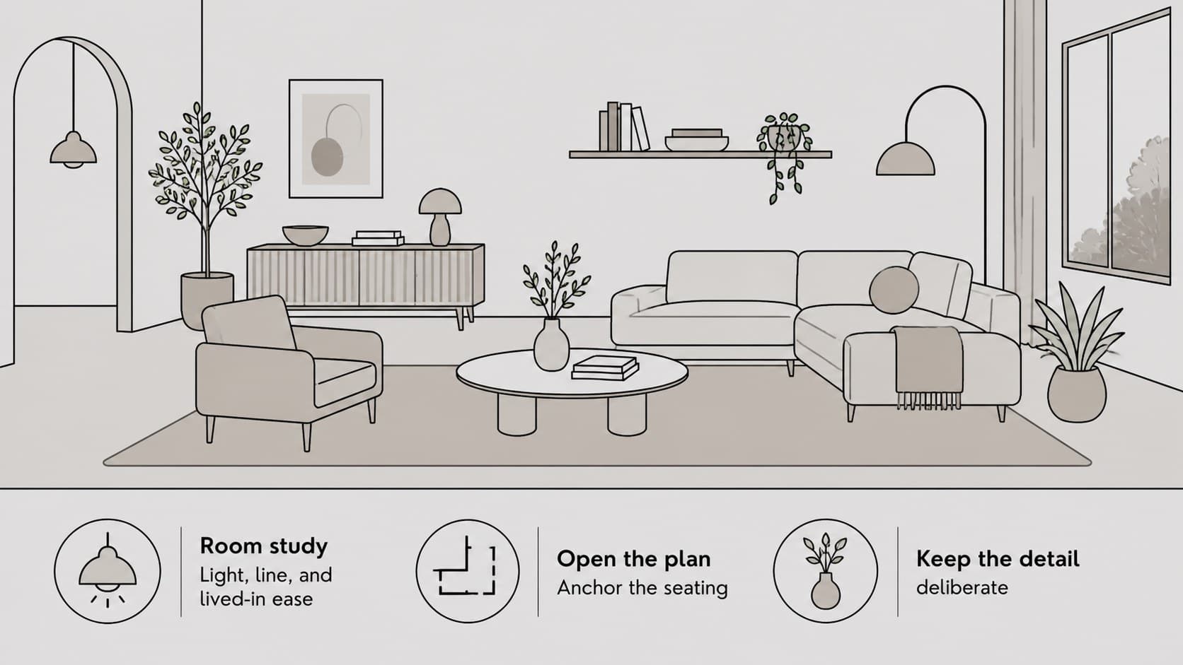 Room concept slide showing a grayscale illustrated living room with an interior styling presentation caption.