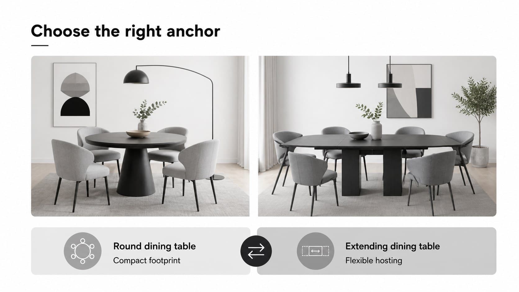 Product comparison slide contrasting two grayscale tables with concise homeware specifications.