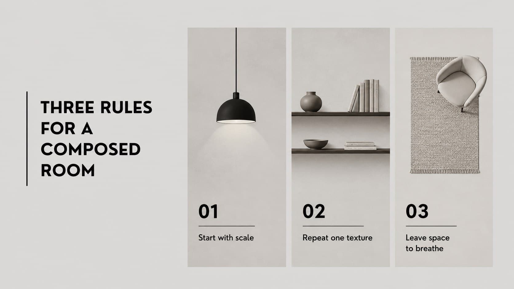 Styling principles slide with three illustrated grayscale vignettes for a modern room concept presentation.