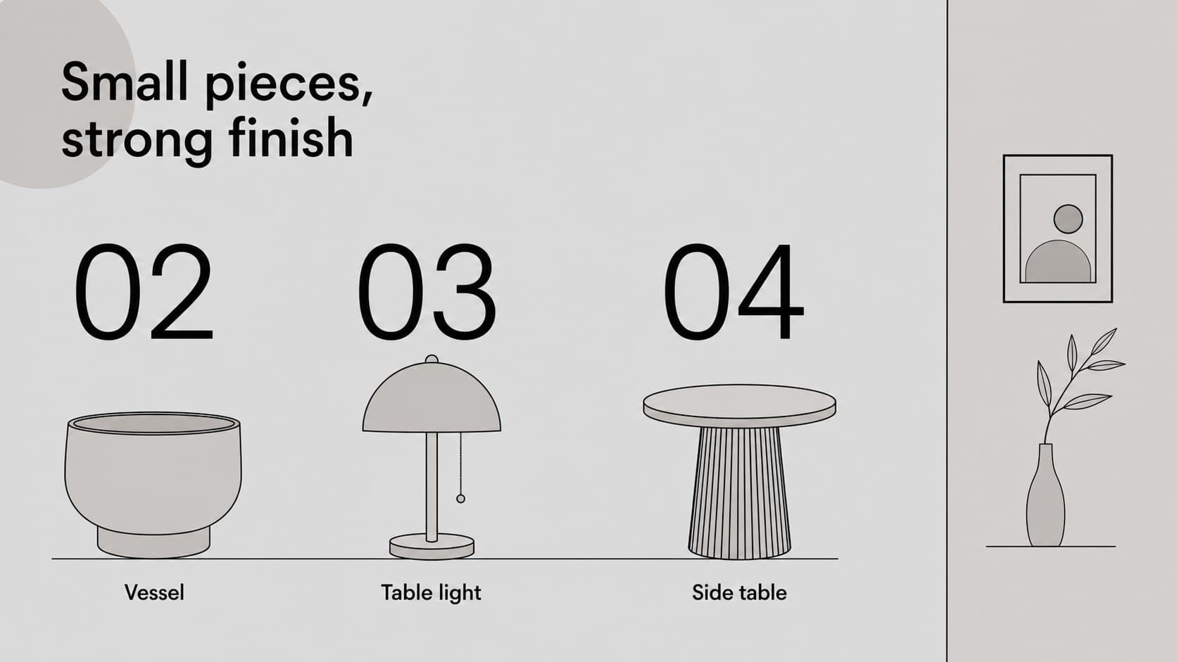 Homeware range slide displaying a grayscale vase, lamp, and side table with catalog-style product labels.