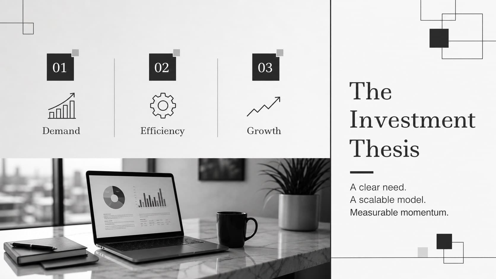 Minimal startup funding deck slide presenting an investment thesis with three concise supporting points.
