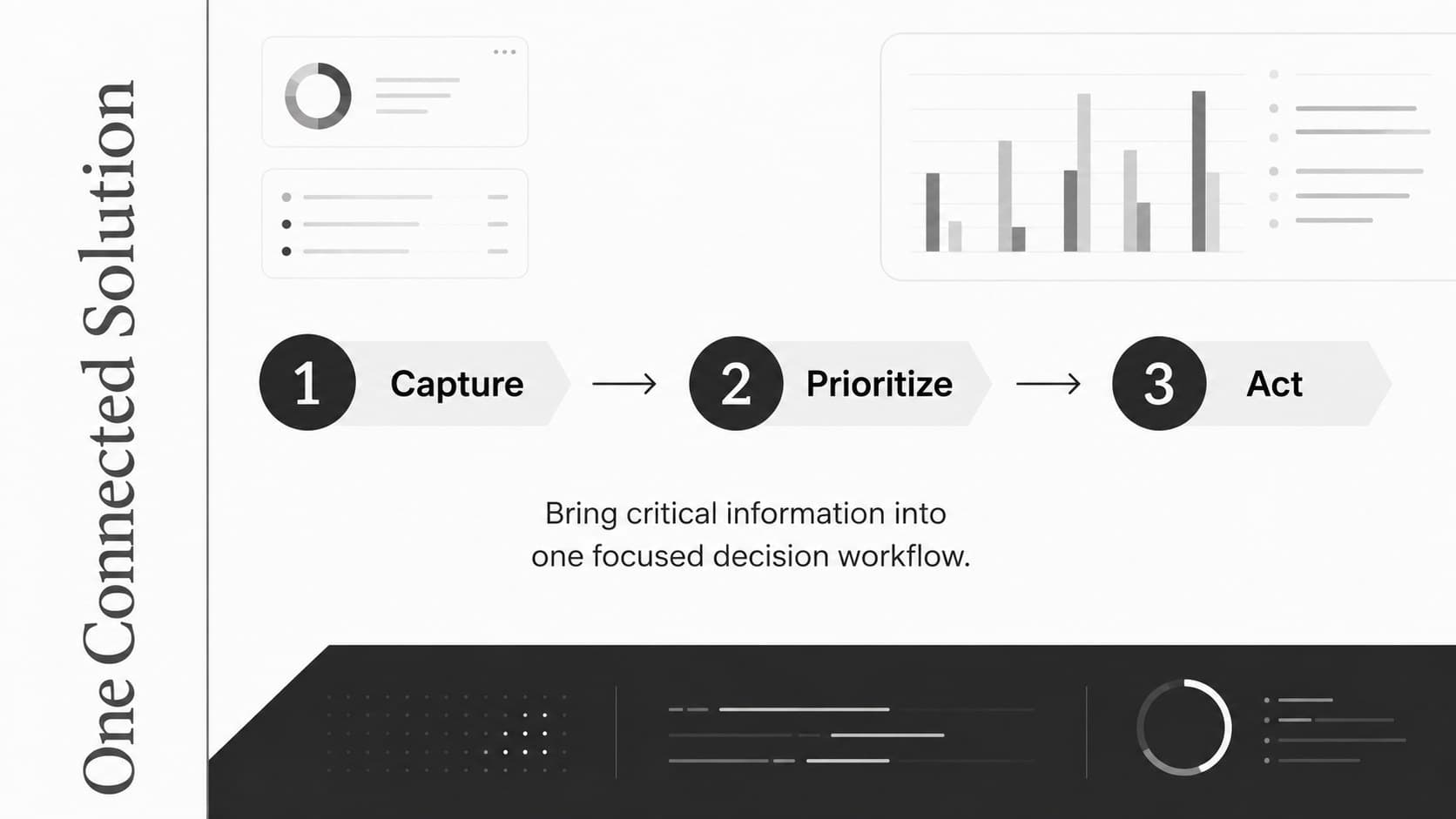 Monochrome business proposal slide showing a streamlined solution in a three-step workflow.