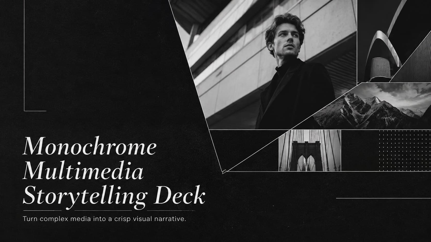 Cover of the Monochrome Multimedia Storytelling Deck with bold editorial typography and a black-and-white media collage.