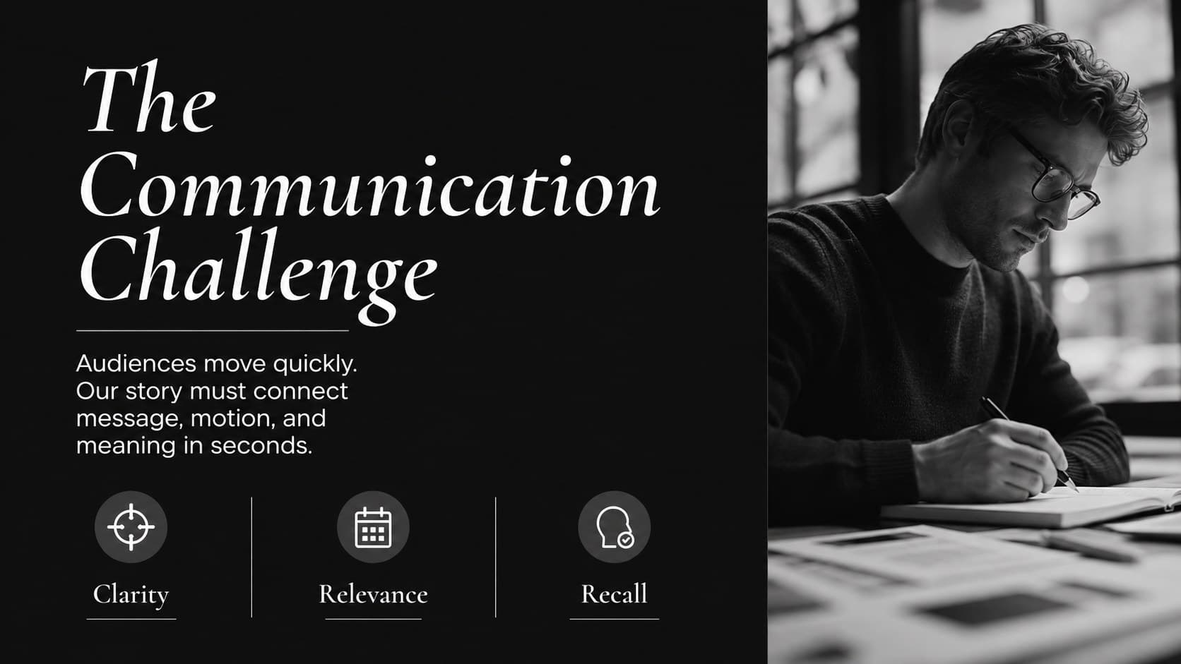 Editorial business storytelling slide outlining a focused multimedia communication challenge.