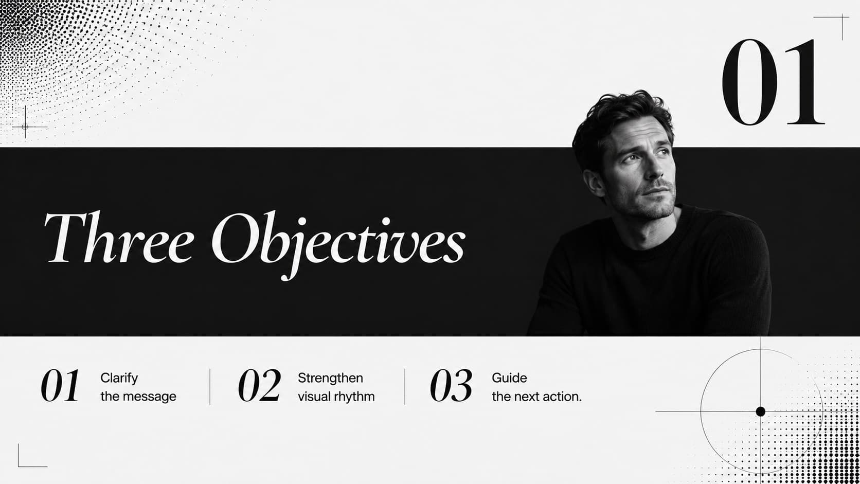 Black-and-white multimedia project proposal slide showing three strategic objectives.