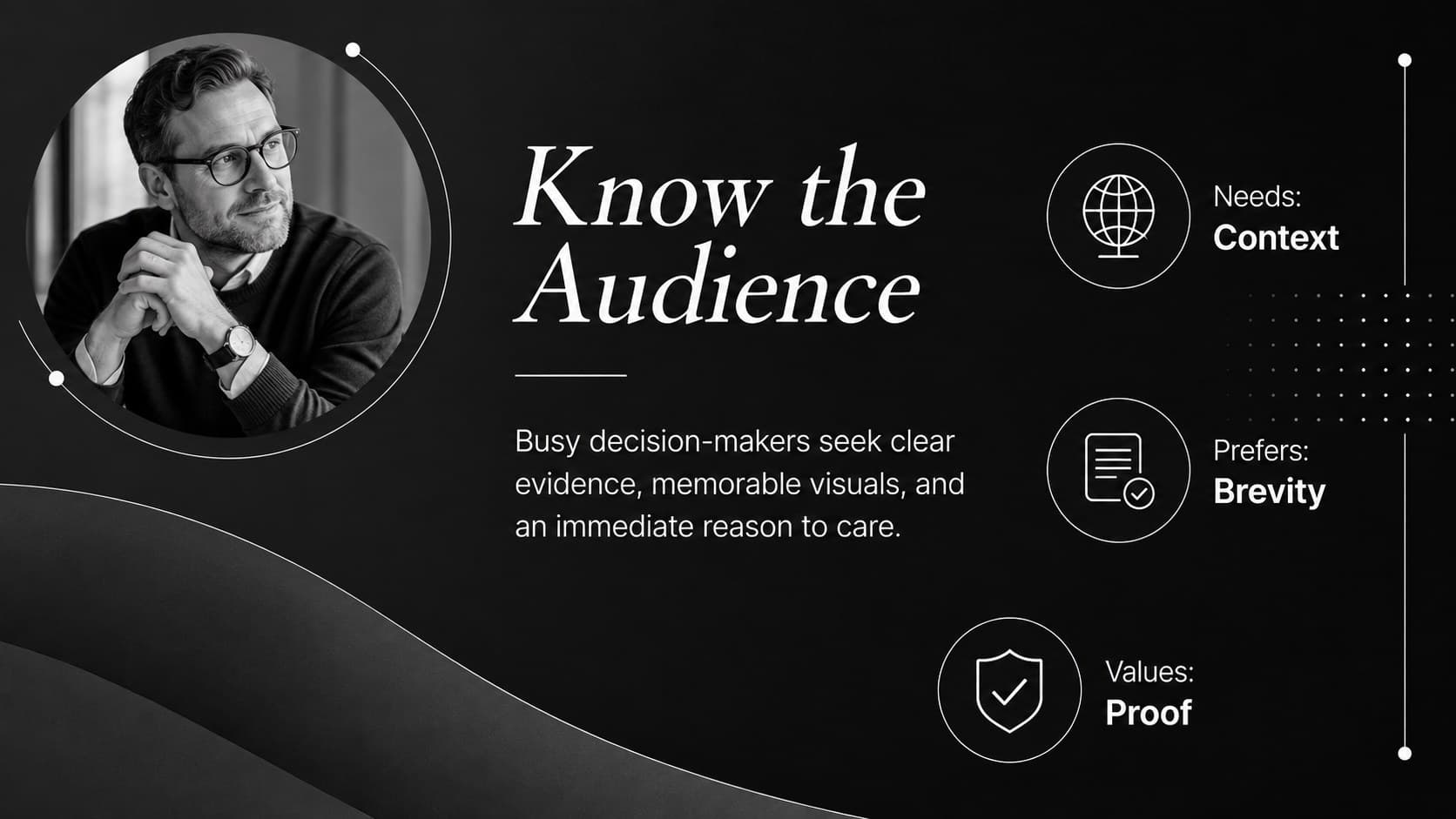 Monochrome audience profile slide with concise insights for a professional media campaign.