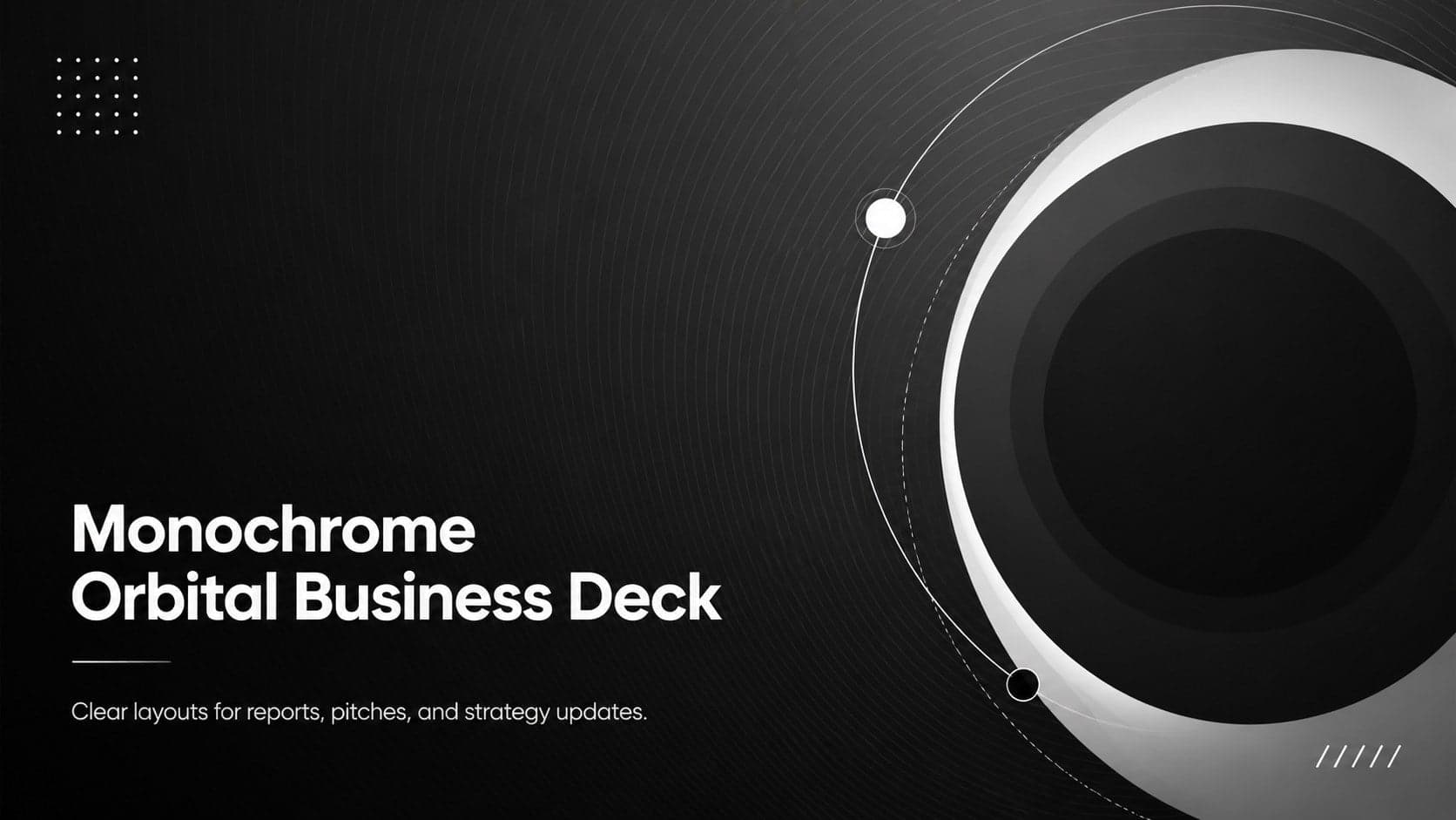Cover slide for a monochrome orbital business deck with bold circular graphics and a high-contrast title layout.