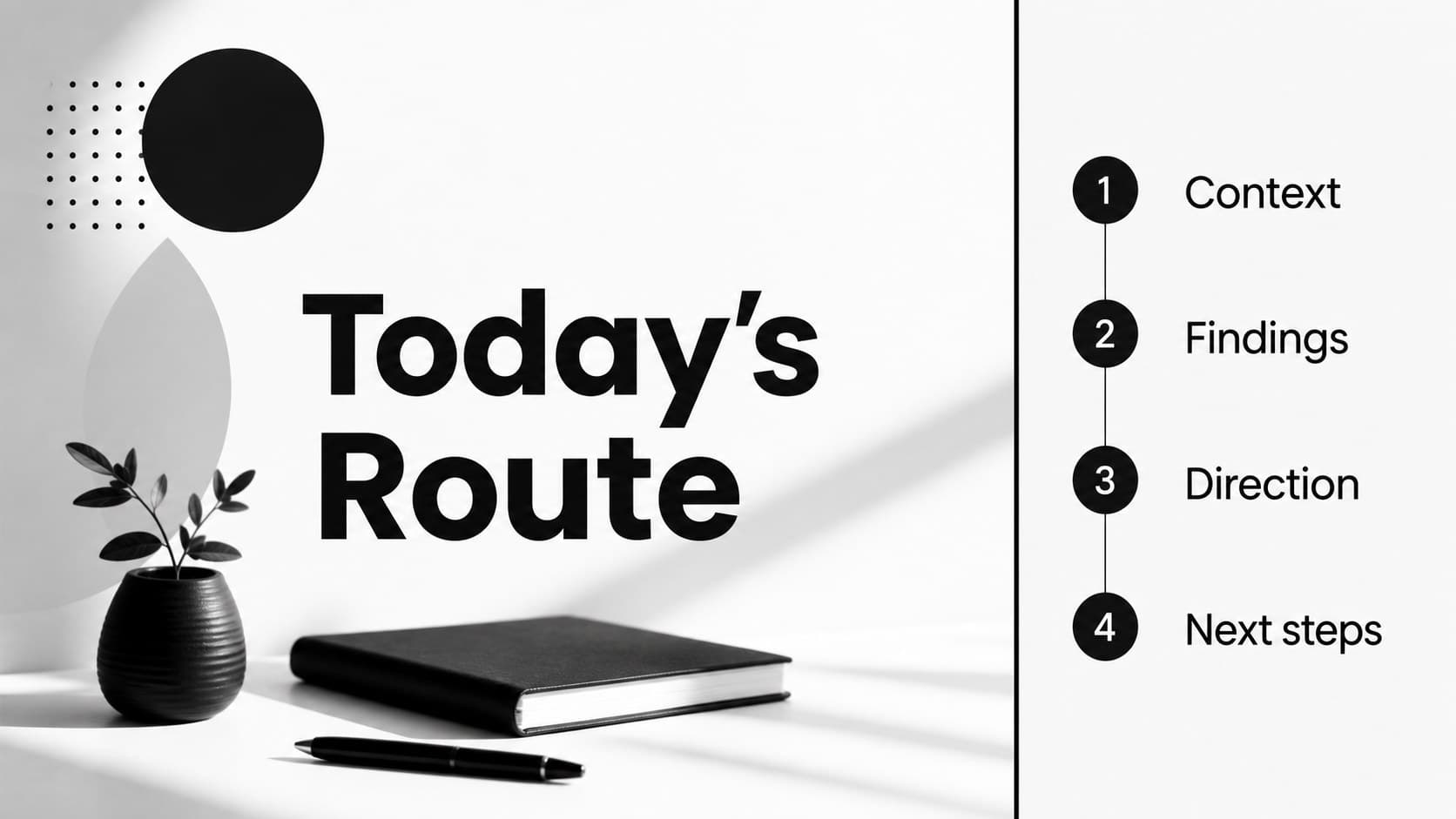 Agenda slide presenting a structured business presentation outline with monochrome circular markers.