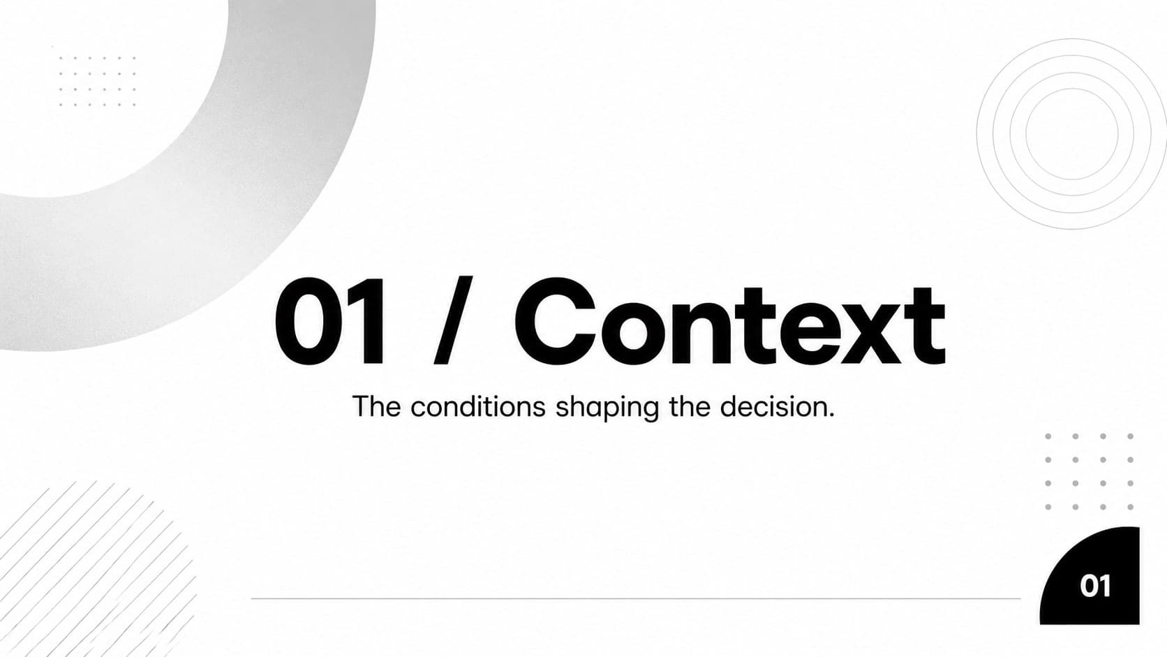 Section divider slide introducing business context with a large black orbital ring.