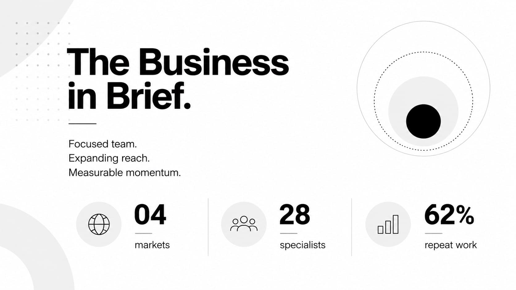 Company overview slide with concise profile text, summary figures, and circular visual accents.