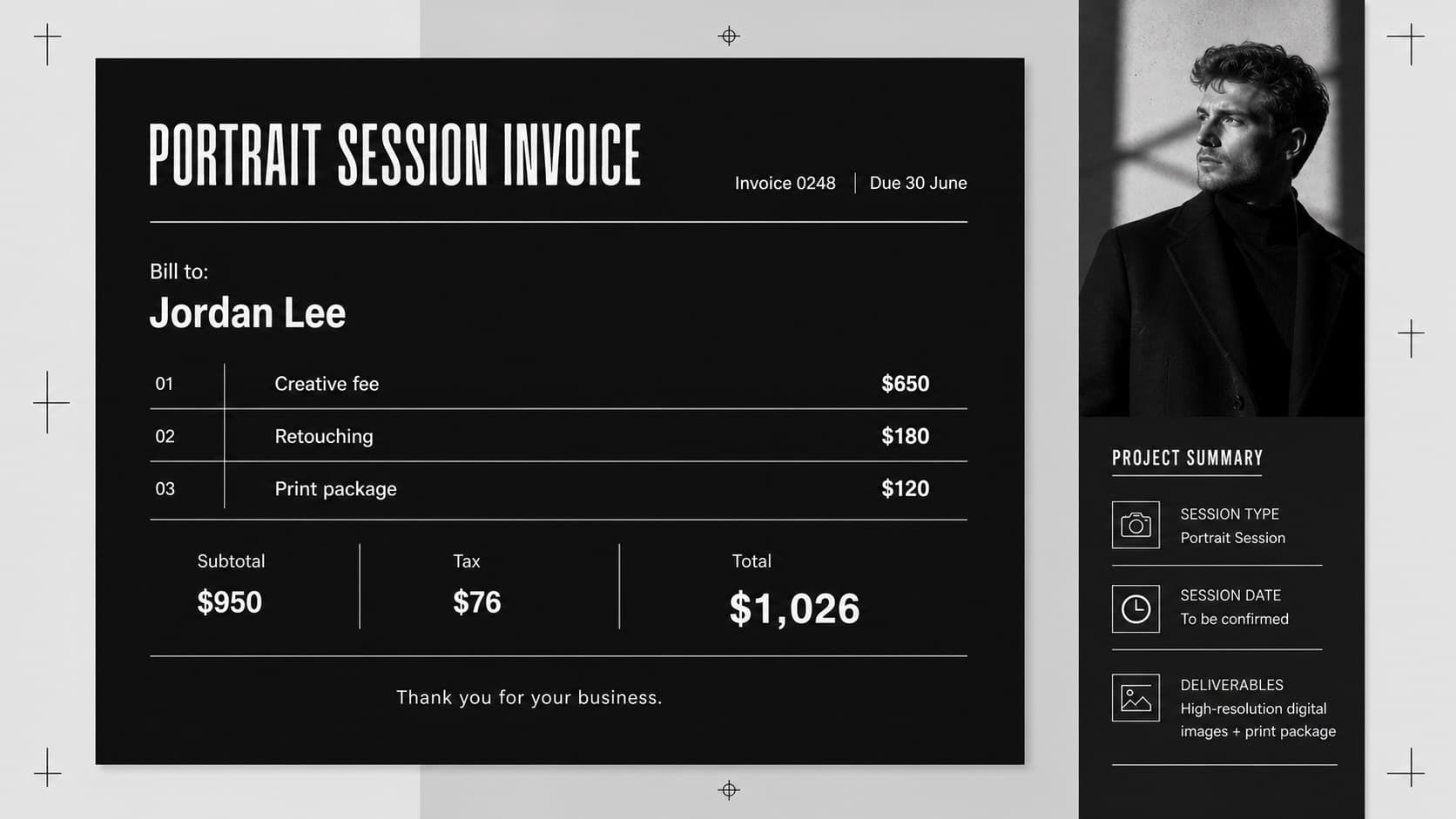 Minimalist creative studio invoice showing client details, photography services, rates, and payment totals.