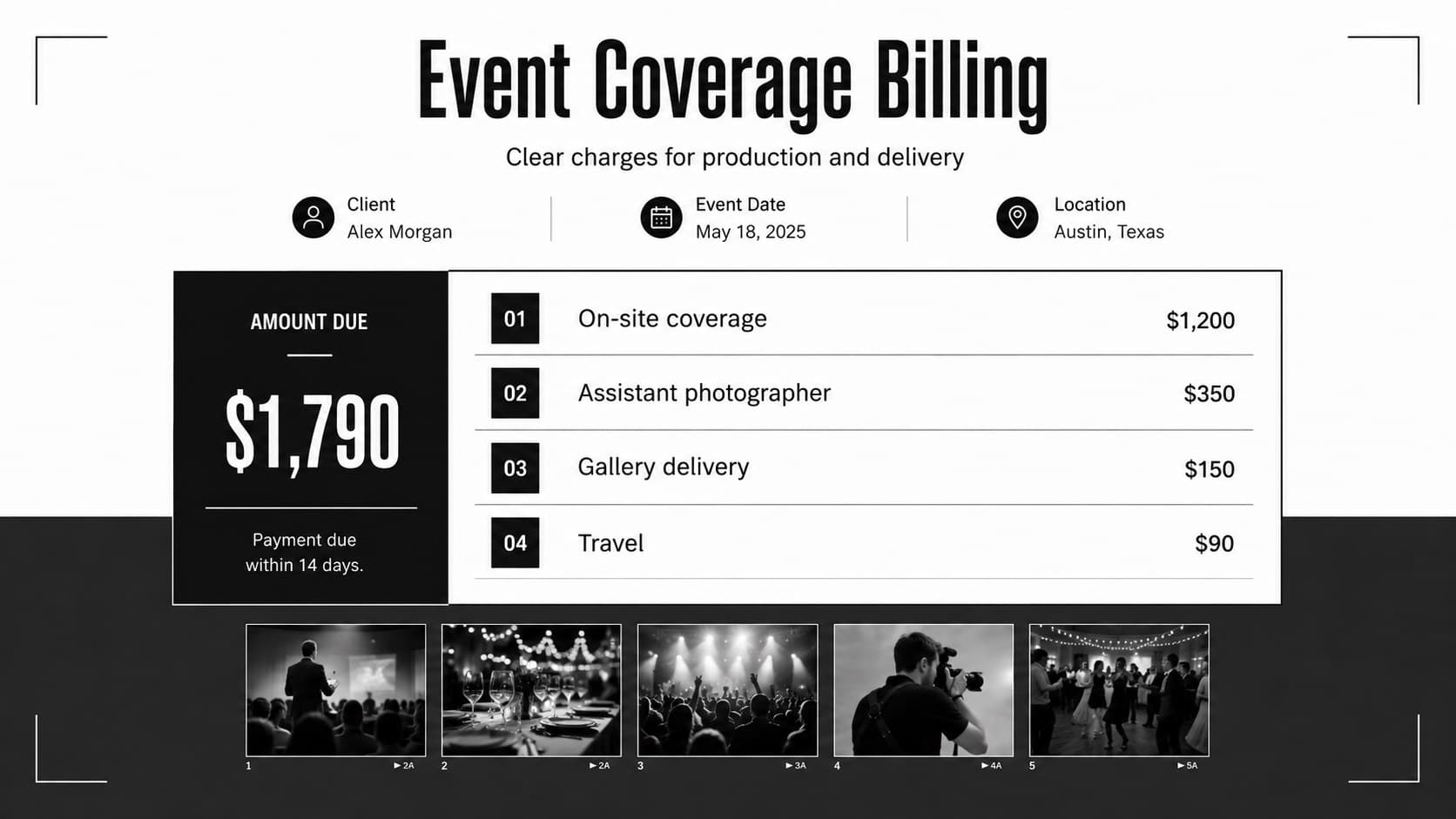 Black and white photo studio invoice layout for event coverage with an itemized payment summary.