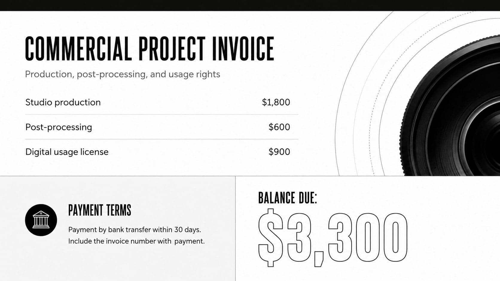 Commercial photography invoice layout with licensing charges, payment terms, and studio notes.