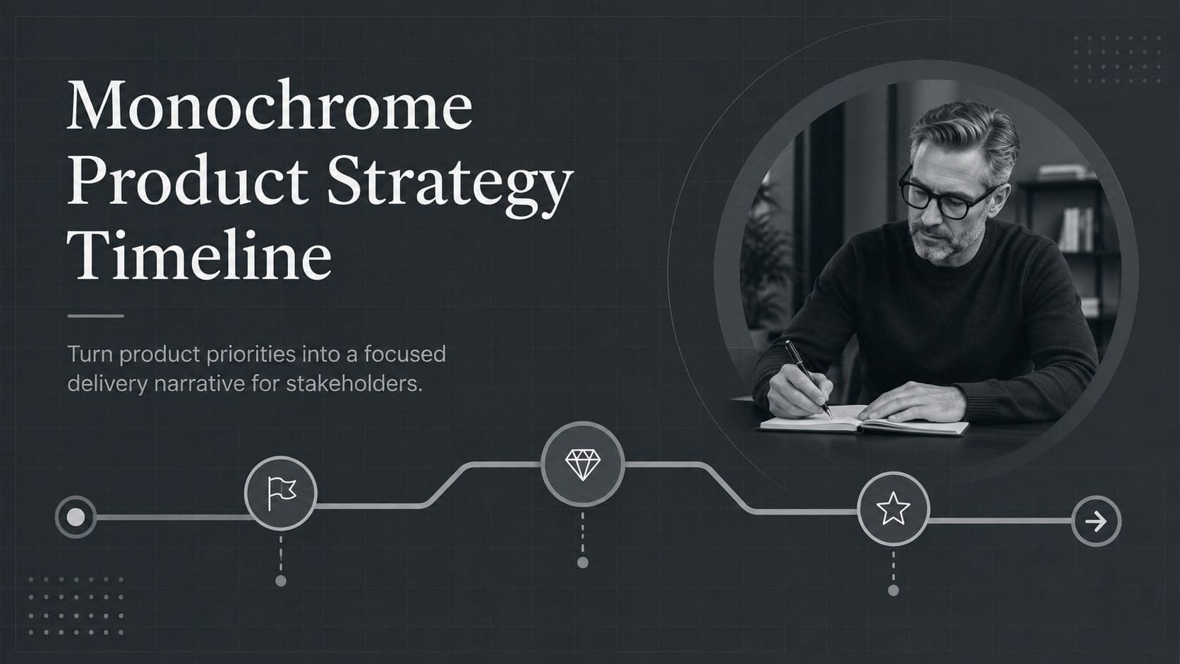 Cover for a Monochrome Product Strategy Timeline with a dark gray editorial layout and linear roadmap graphics.