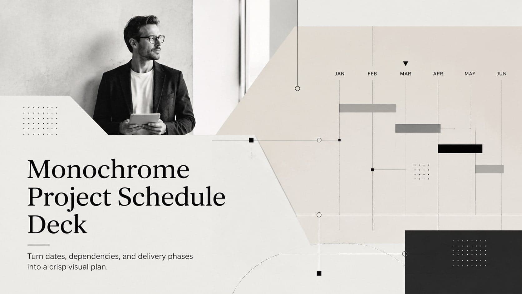 Cover of a monochrome project schedule deck with bold typography and restrained architectural line details.