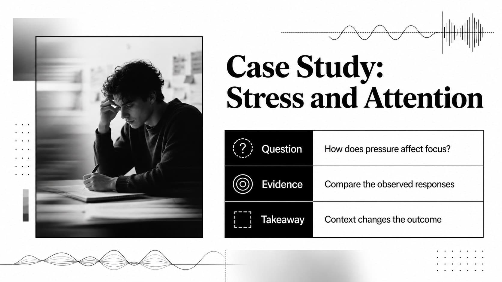 Black and white psychology case study slide with research evidence, key findings, and an editable analysis layout.