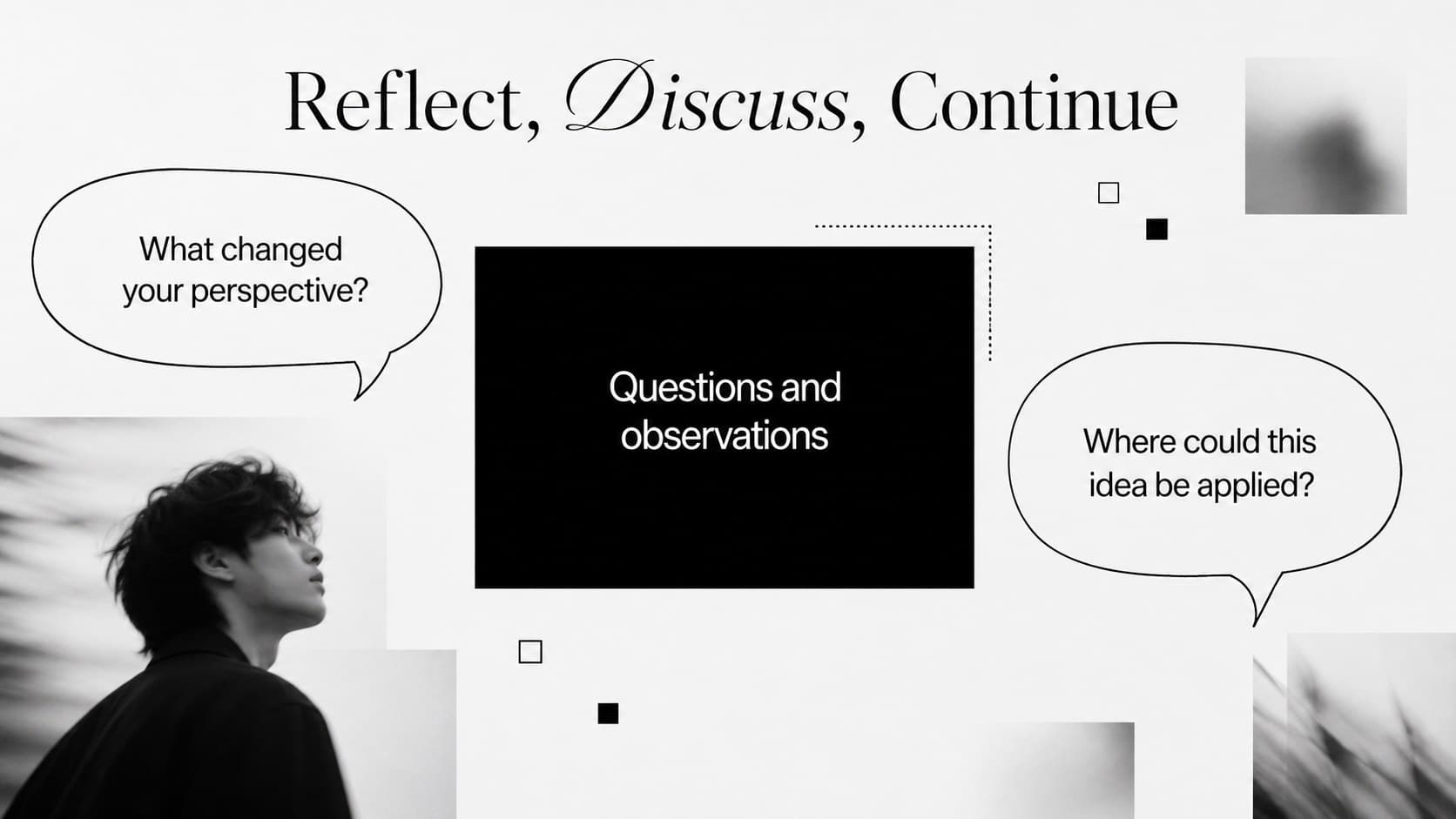 Minimal mental health education closing slide with reflection prompts and a clear discussion takeaway.