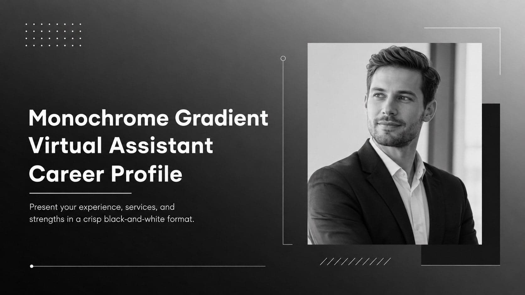 Cover of a monochrome gradient virtual assistant career profile with a professional portrait and bold introductory typography.