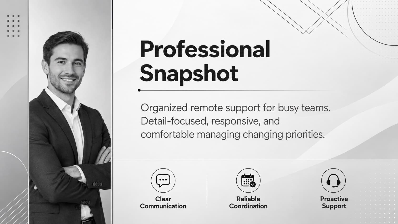Minimal virtual assistant resume presentation slide featuring a professional summary, portrait, and key strengths.