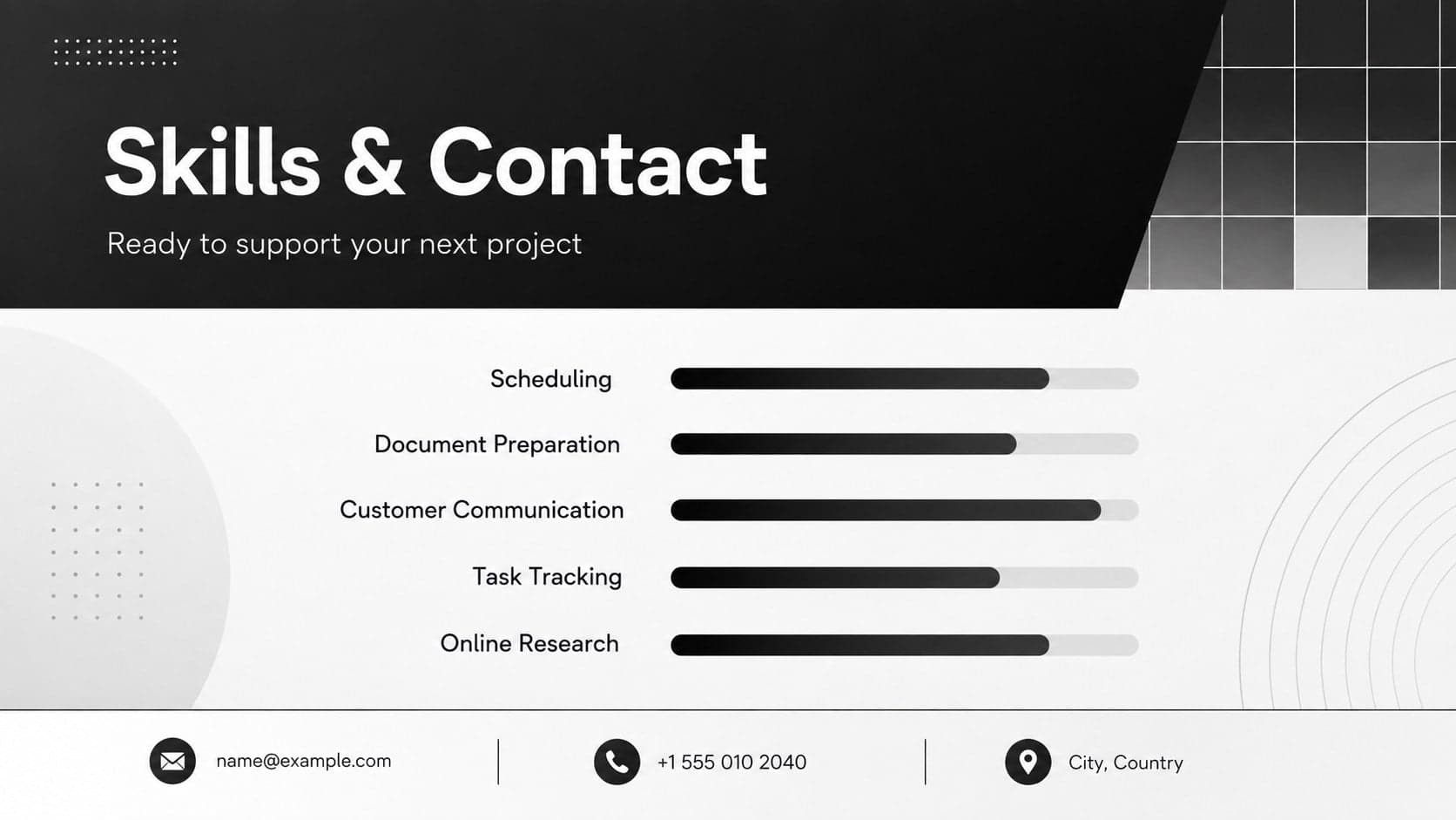 Black-and-white remote assistant professional profile slide showing software skills, core abilities, and contact details.