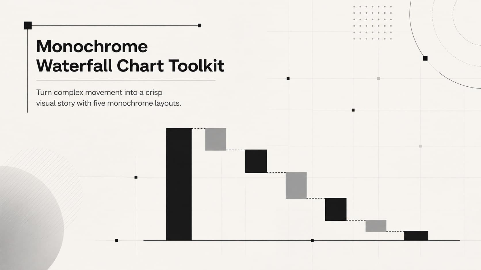 Cover of the Monochrome Waterfall Chart Toolkit with bold typography and a stepped black and white diagram.