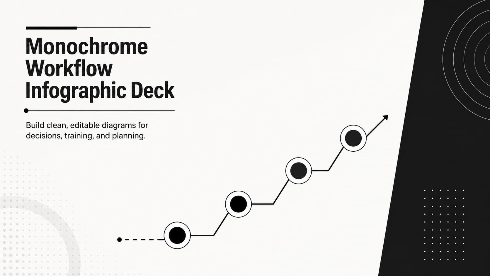 Cover of the Monochrome Workflow Infographic Deck with bold black typography and an abstract process pathway.