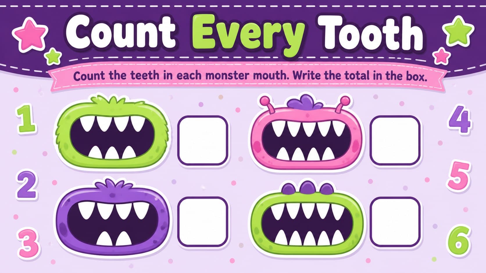 Preschool tooth counting activity asking children to count teeth and write each total.