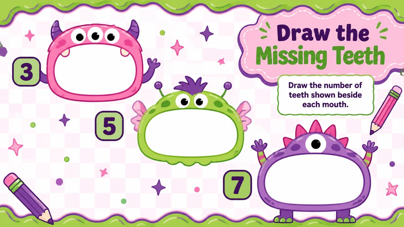 Printable monster math practice page where children draw the requested number of teeth.