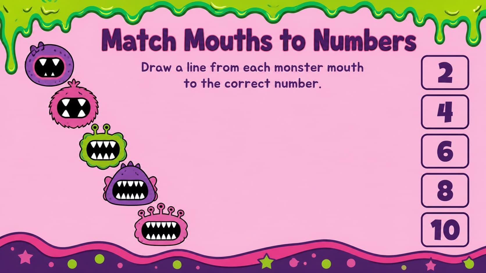 Kindergarten counting worksheet deck page for matching monster mouths to the correct numerals.