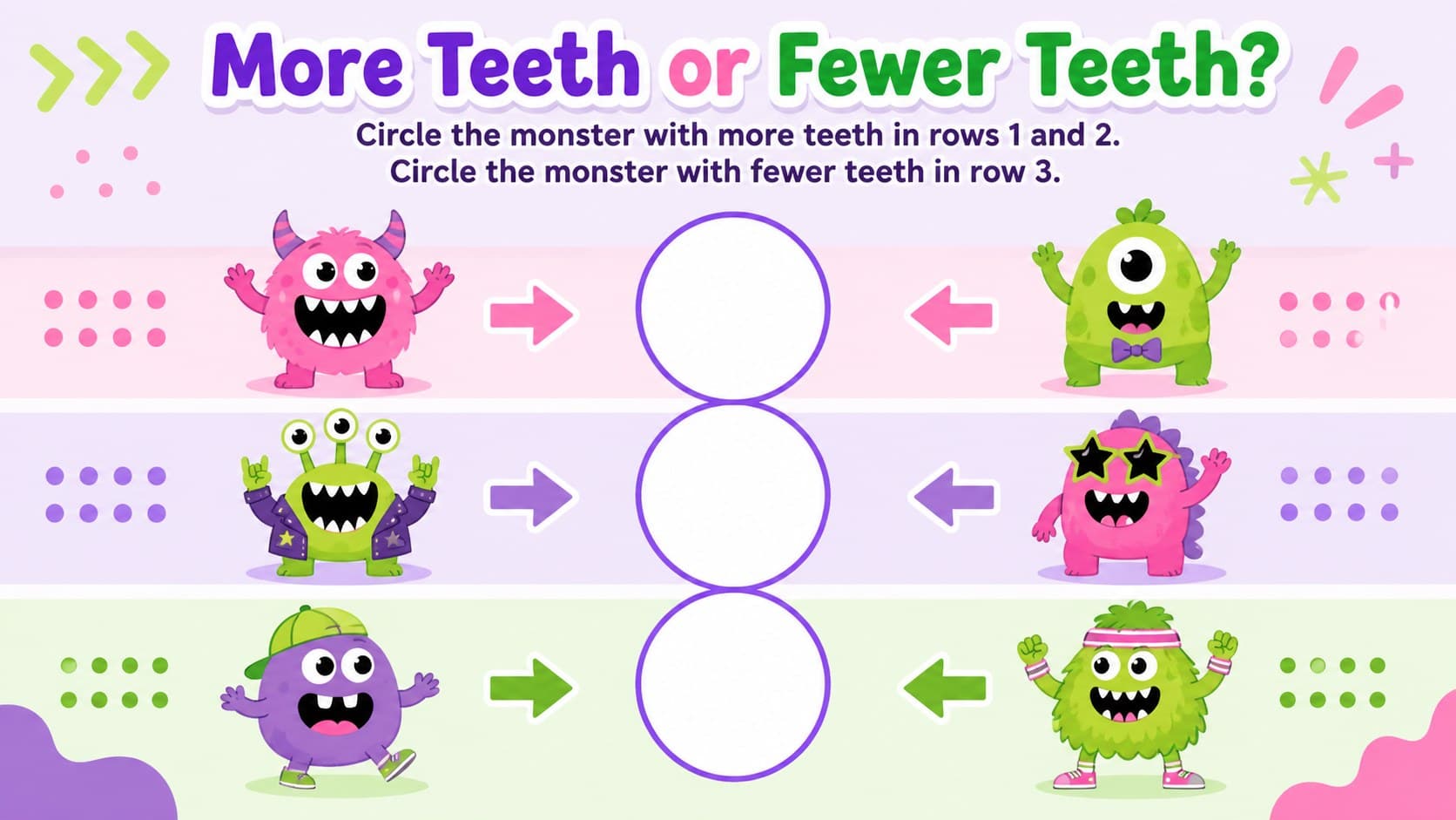 Early numeracy dental theme worksheet comparing which original monster has more or fewer teeth.