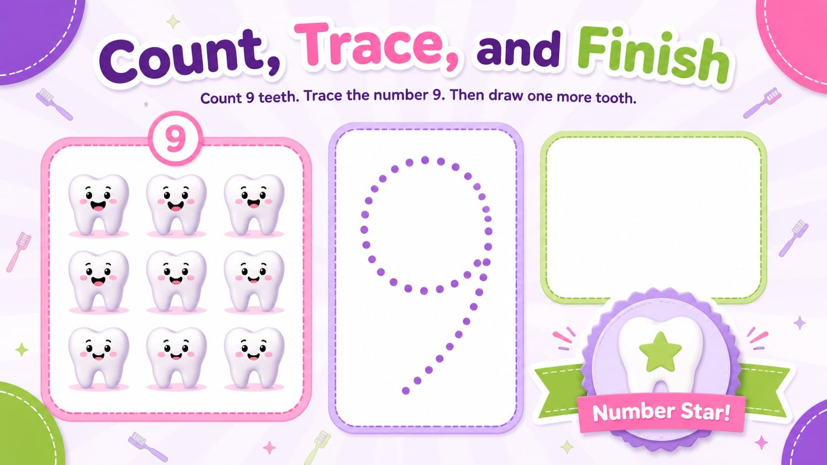 Monster mouth number activity combining tooth counting, numeral tracing, and a completed-work badge.