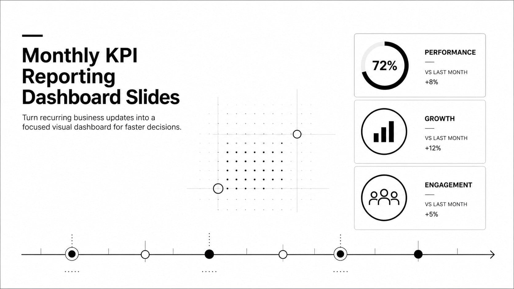 Cover slide for a monthly KPI reporting dashboard with bold monochrome typography and structured performance metrics.