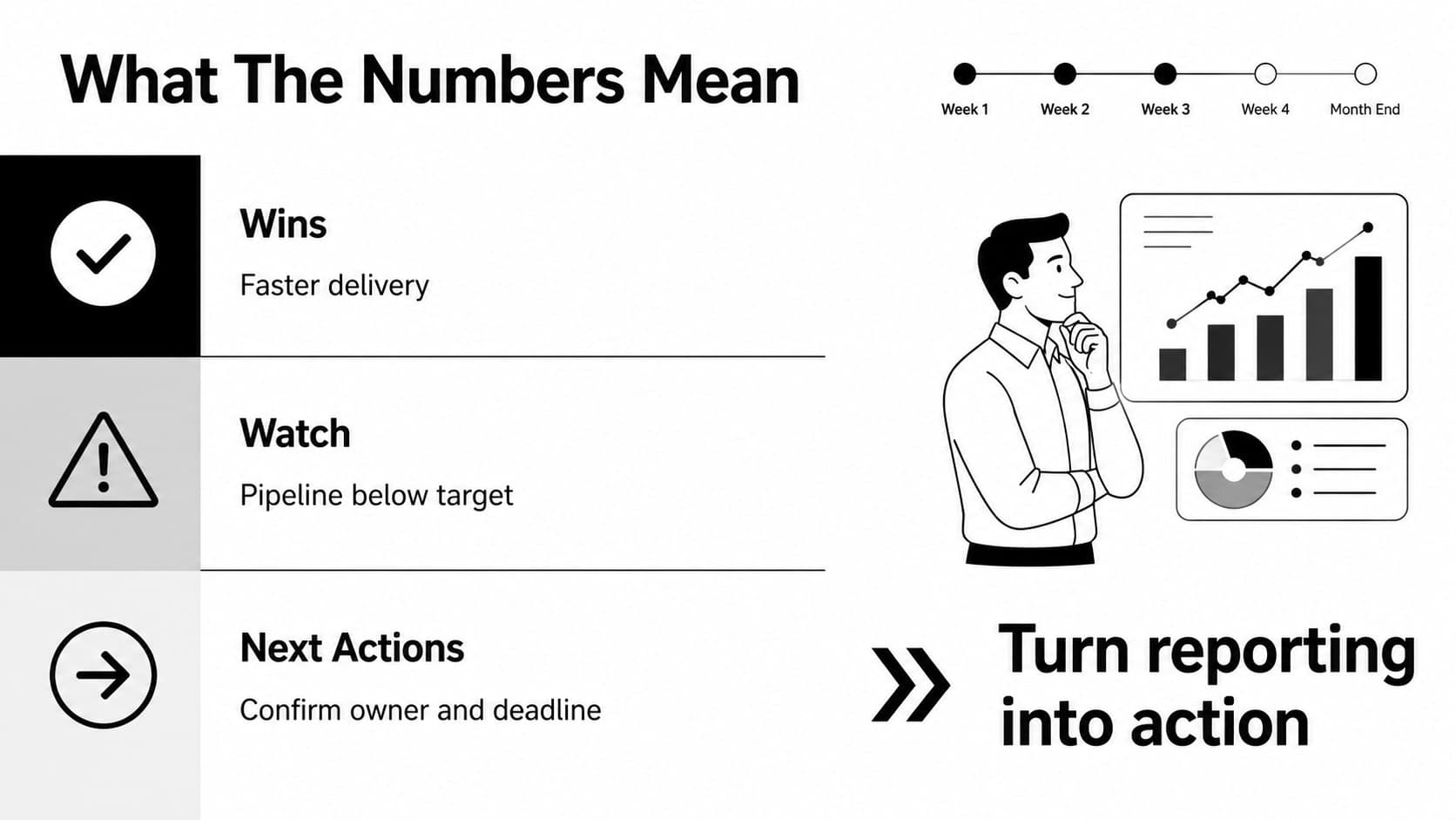 Executive dashboard presentation slide summarizing monthly wins, risks, and next actions in a clean black-and-white layout.