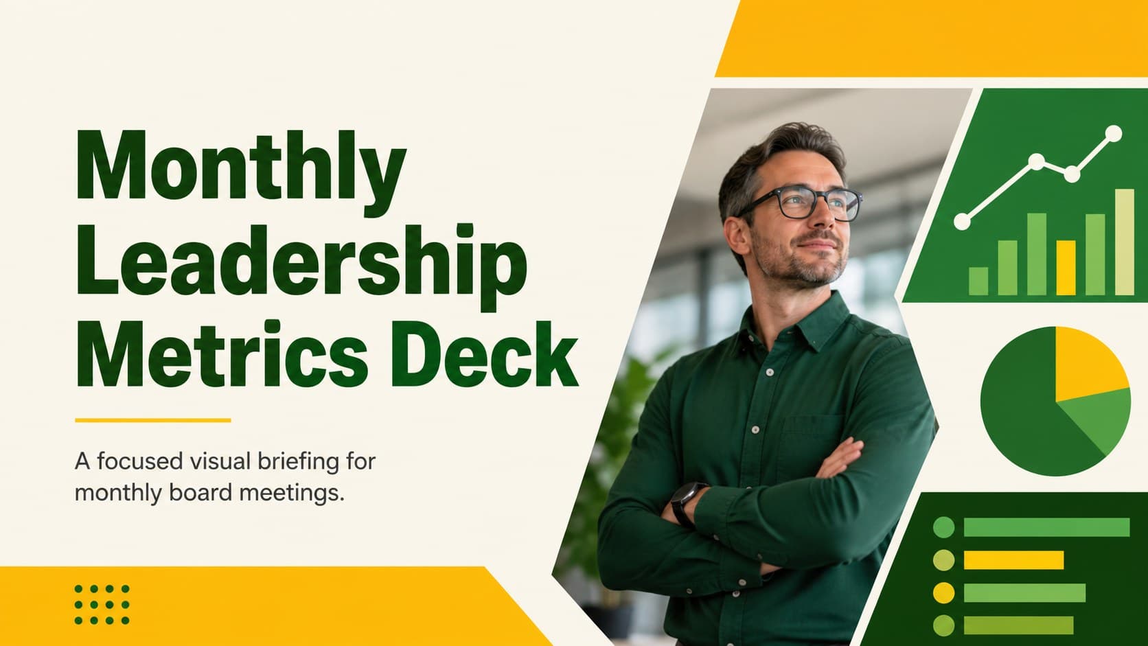 Cover slide for a leadership metrics review deck with bold green and yellow accents and a structured executive reporting layout.