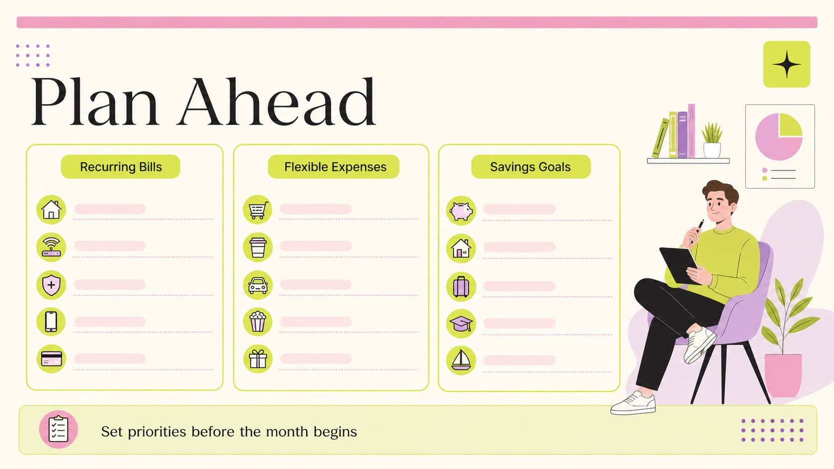 Shared finance dashboard slide for tracking recurring bills, flexible expenses, and household savings goals.
