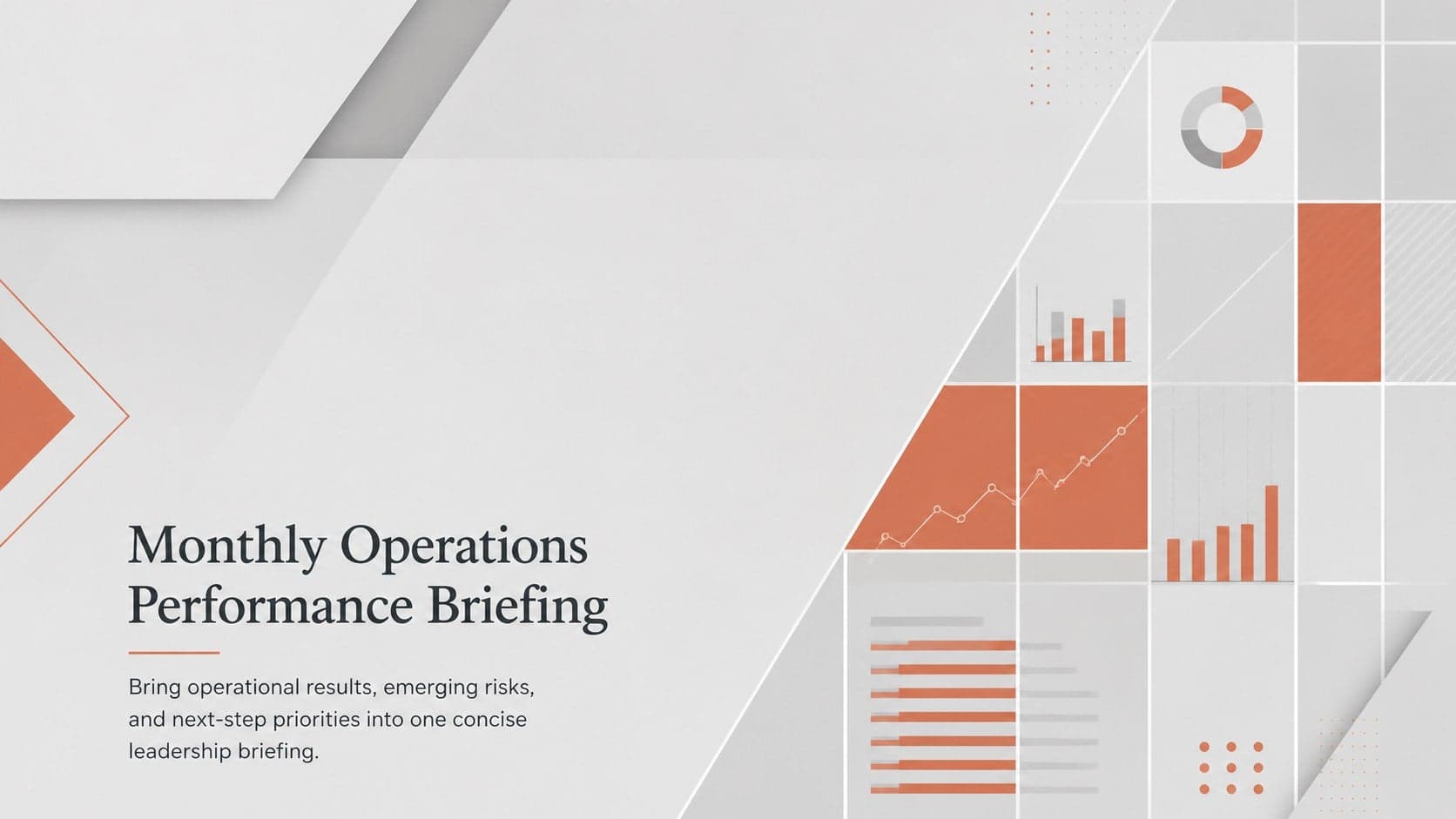 Cover for a monthly operations performance briefing with orange accents, grey typography, and a modern executive layout.