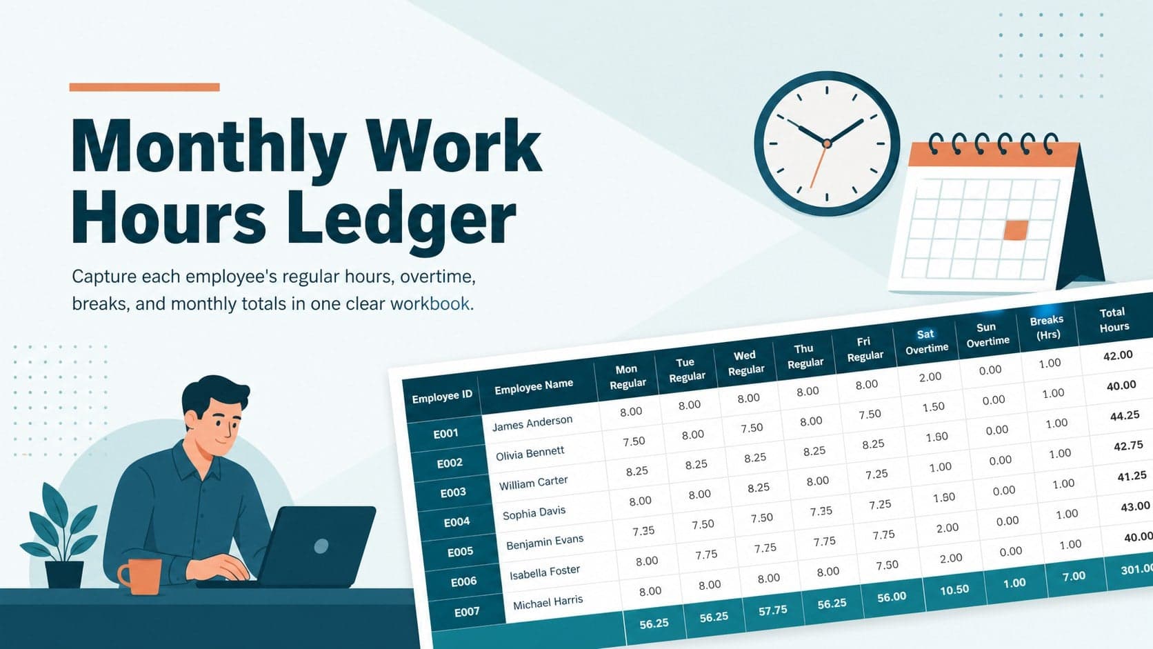 Modern blue and orange cover for a monthly work hours ledger used to organize employee payroll records.