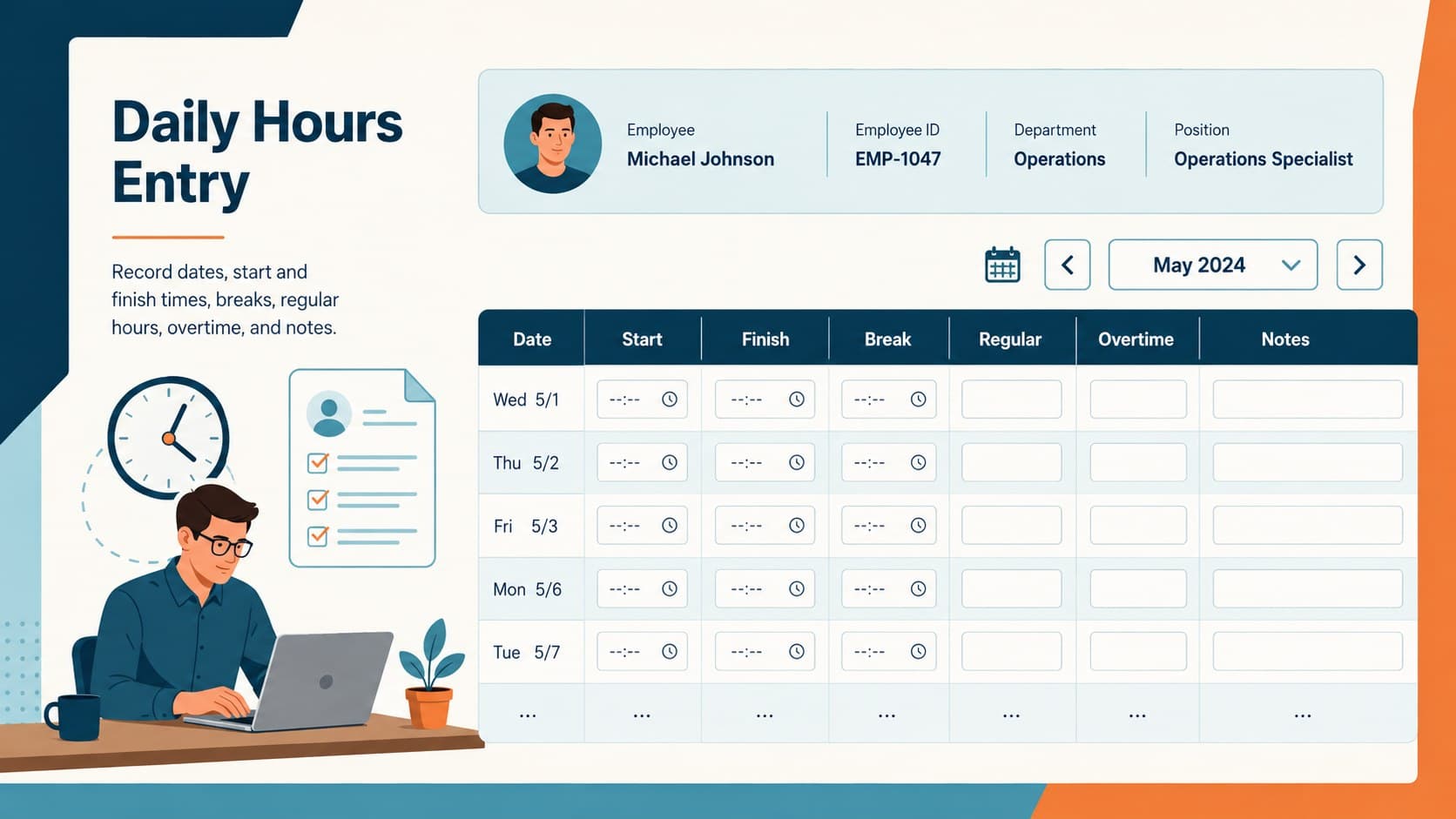Employee monthly hours spreadsheet with daily start times, finish times, breaks, regular hours, and overtime columns.