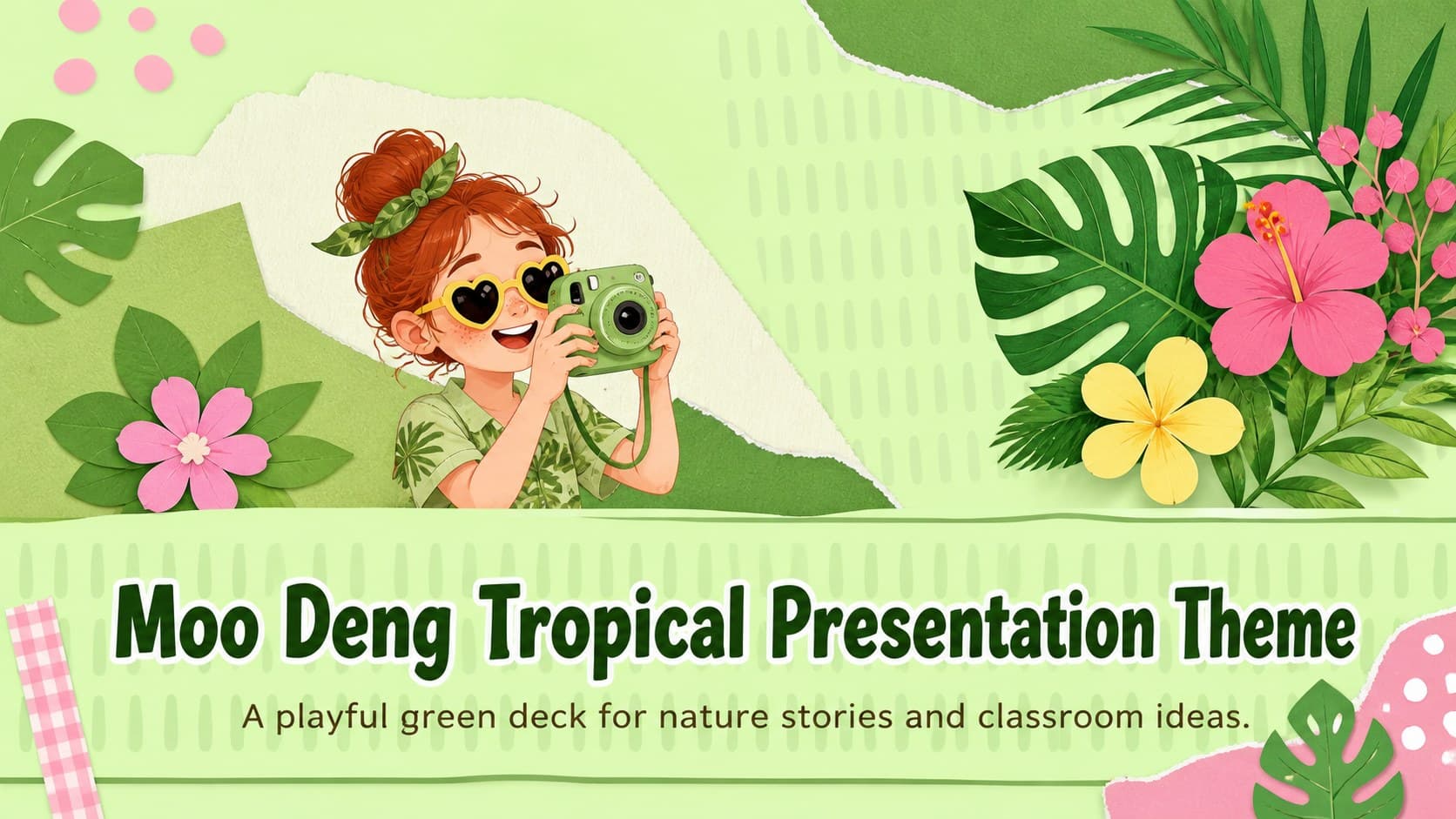 Cover slide for a Moo Deng tropical presentation with green collage foliage and playful wildlife artwork.