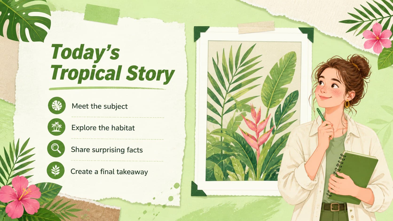 Agenda slide outlining a tropical wildlife story presentation with green leaves and paper collage accents.