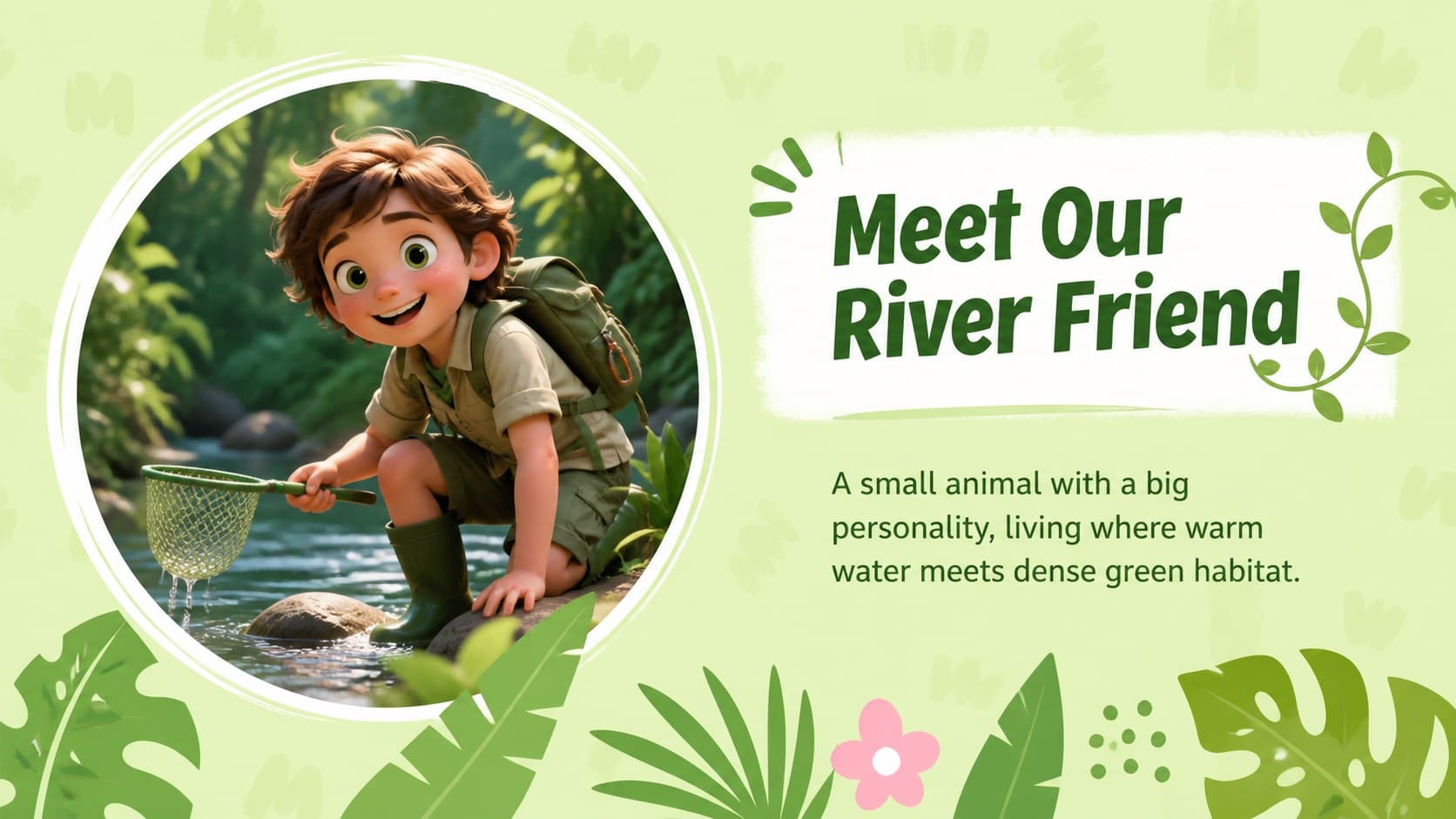 Wildlife introduction slide presenting a playful green tropical animal story with illustrated leaves.