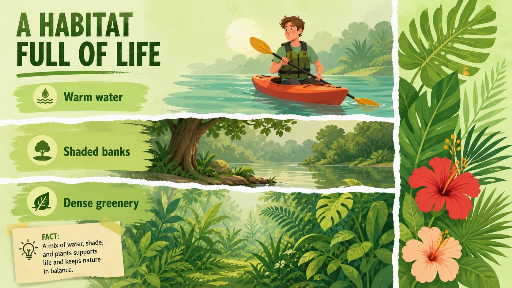 Habitat facts slide showing a green tropical environment with collage-style wildlife illustrations.